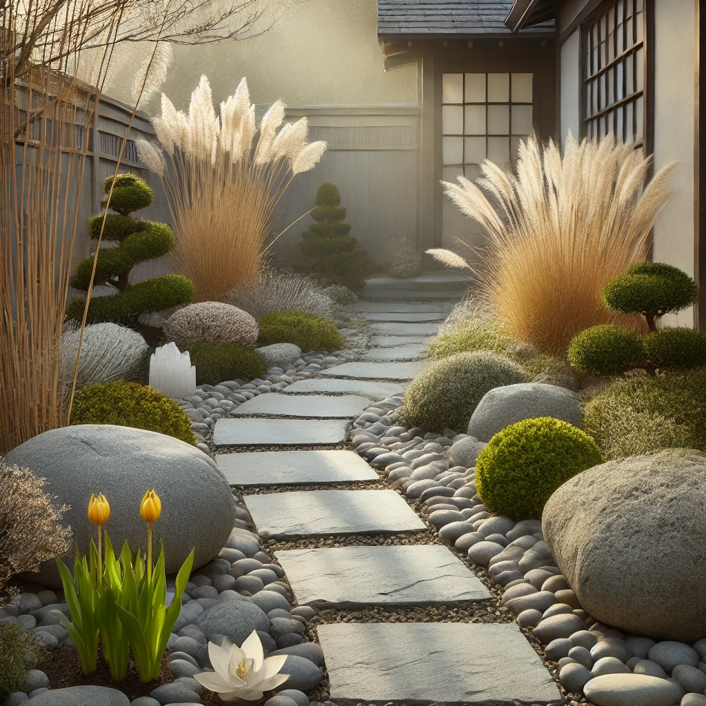 Zen-style garden pathway with stone pavers, ornamental grasses, and structured landscaping design in Connecticut
