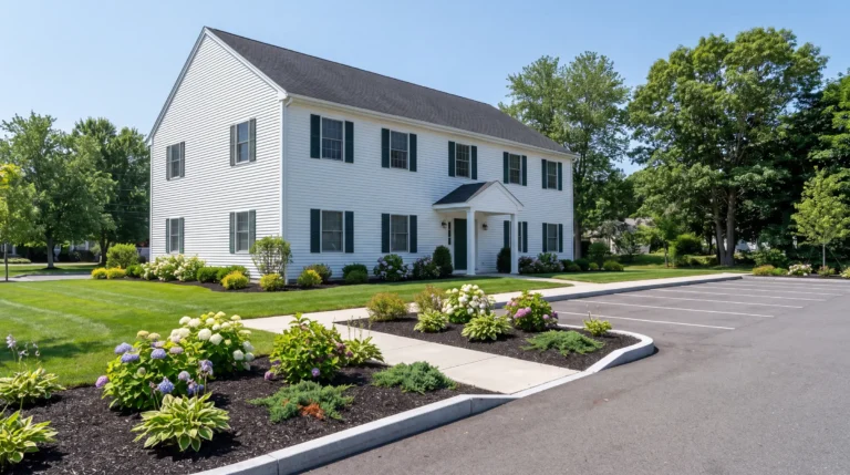 Well-kept commercial property with mowed lawn and mulched beds along the entry walk