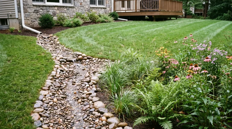 Regraded Connecticut backyard with a river rock dry creek bed carrying water to a rain garden