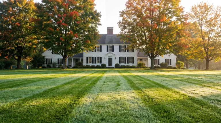 Thick striped cool-season lawn in front of a New England colonial