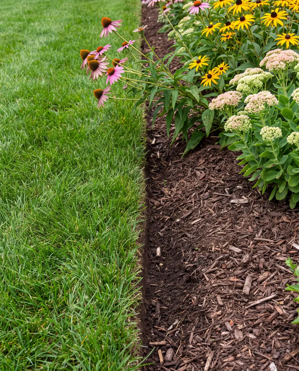 Close-up of a crisp spade-cut bed edge between green lawn and dark mulch with flowering plants