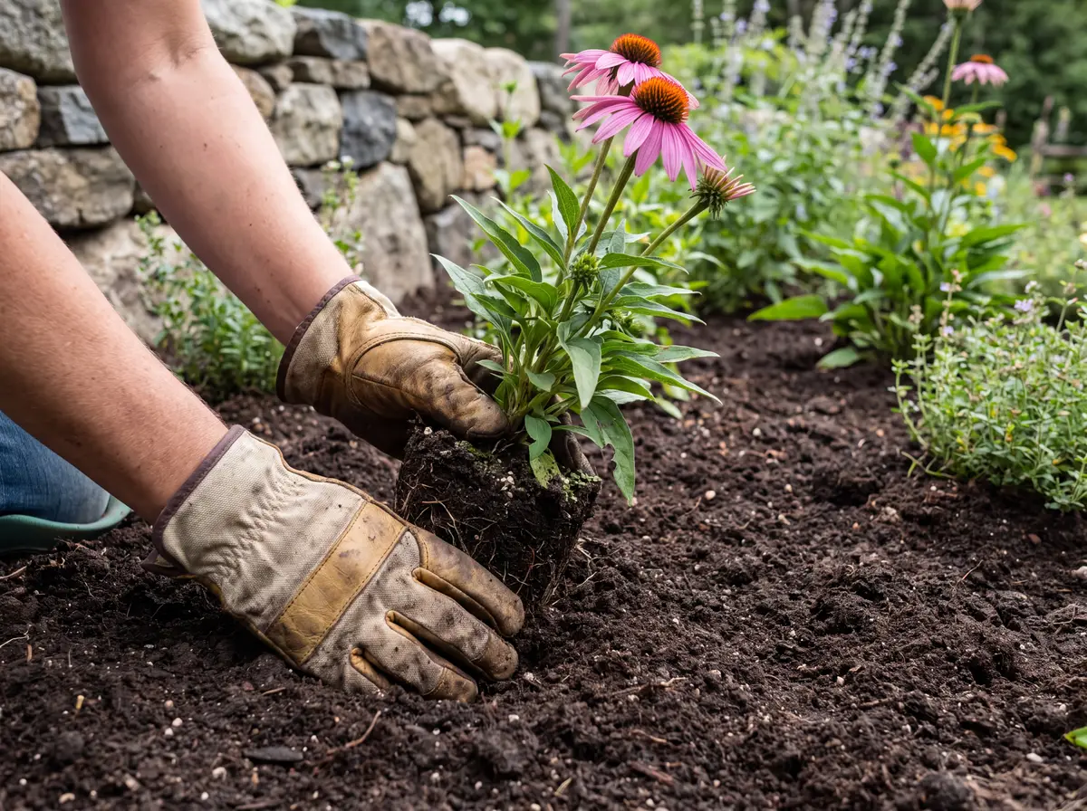 Gloved hands setting a perennial into fresh soil in a new garden bed