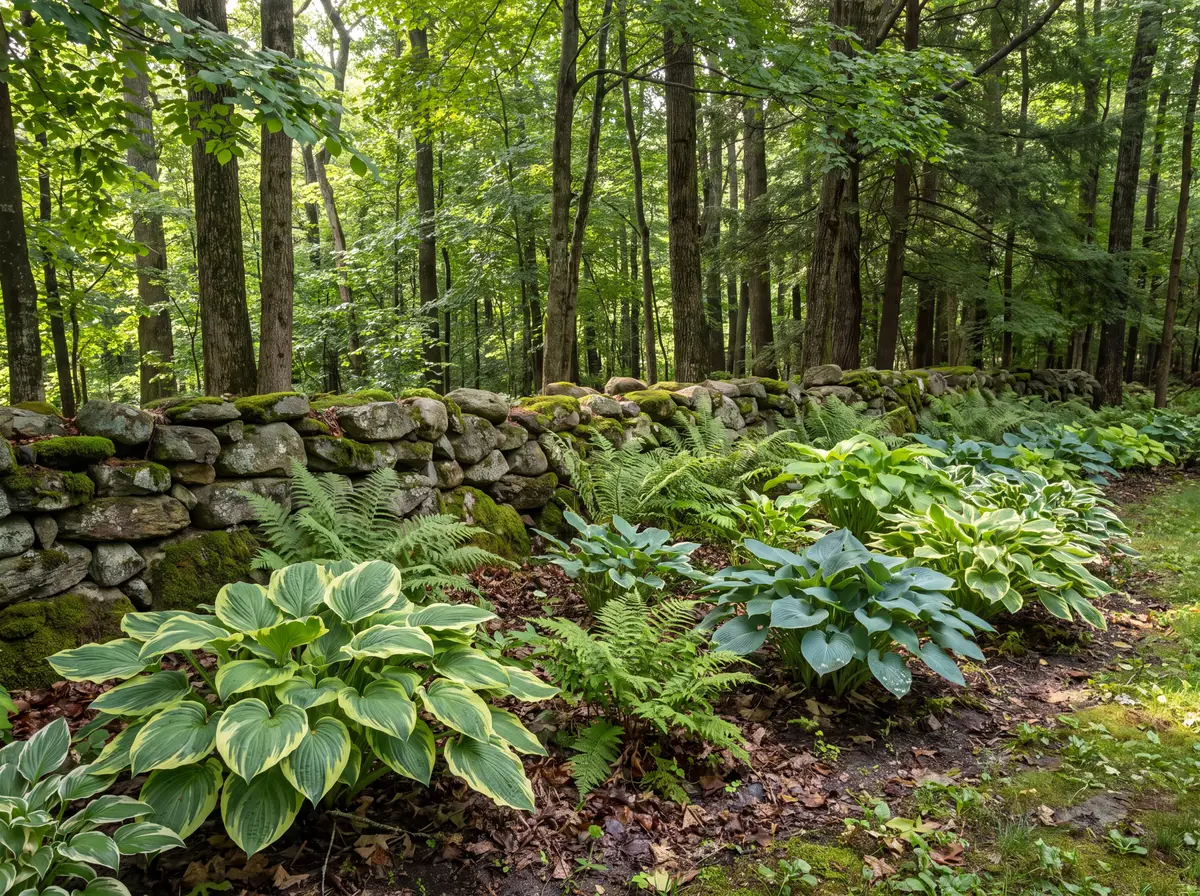 Shade garden with ferns and hostas beside a mossy stone wall at the edge of the woods