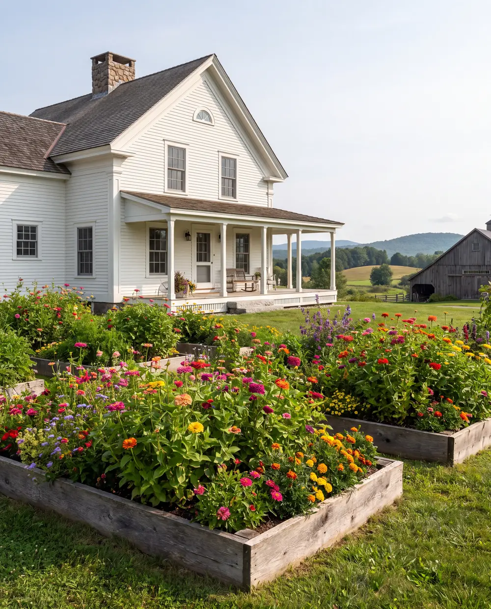 Raised garden beds with wood edging and flowers behind a white farmhouse