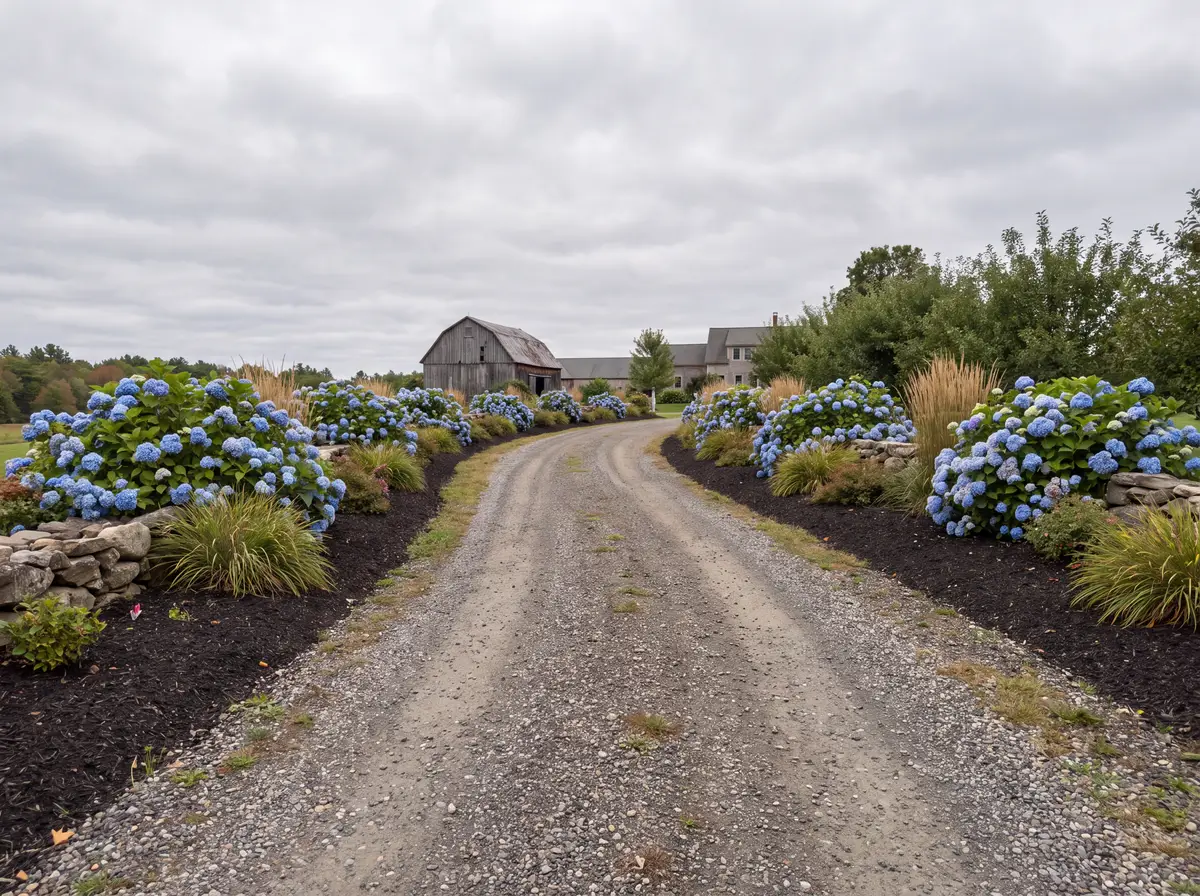 Long country driveway lined with mulched beds and blue hydrangeas