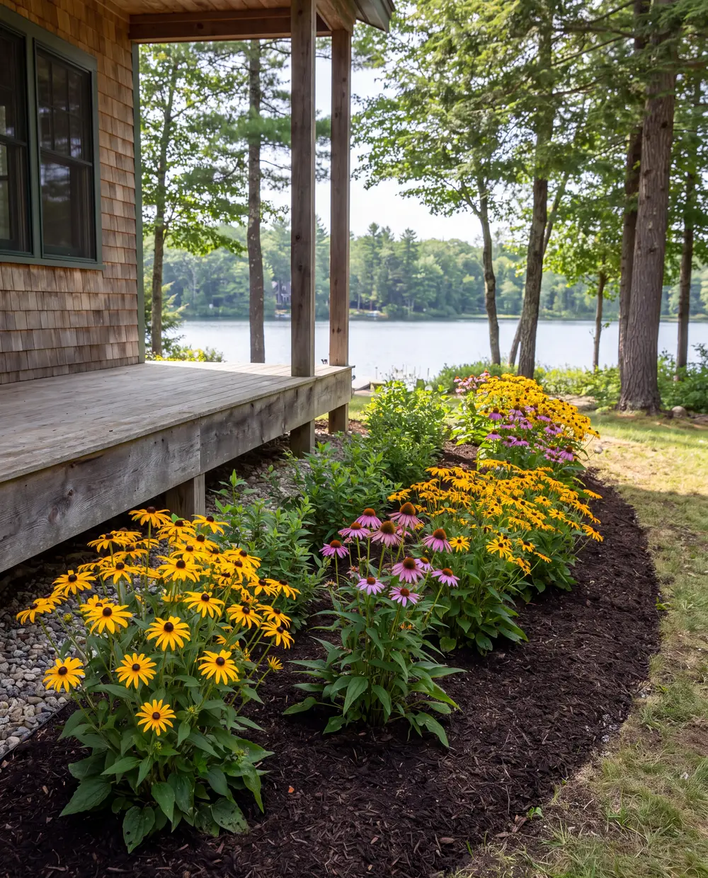 Fresh mulch bed with black-eyed susans and coneflowers beside the porch of a lake house