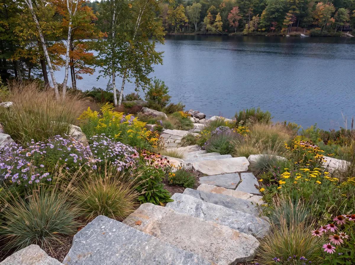 Shoreline garden with native grasses, perennials and natural stone steps leading down to a lake