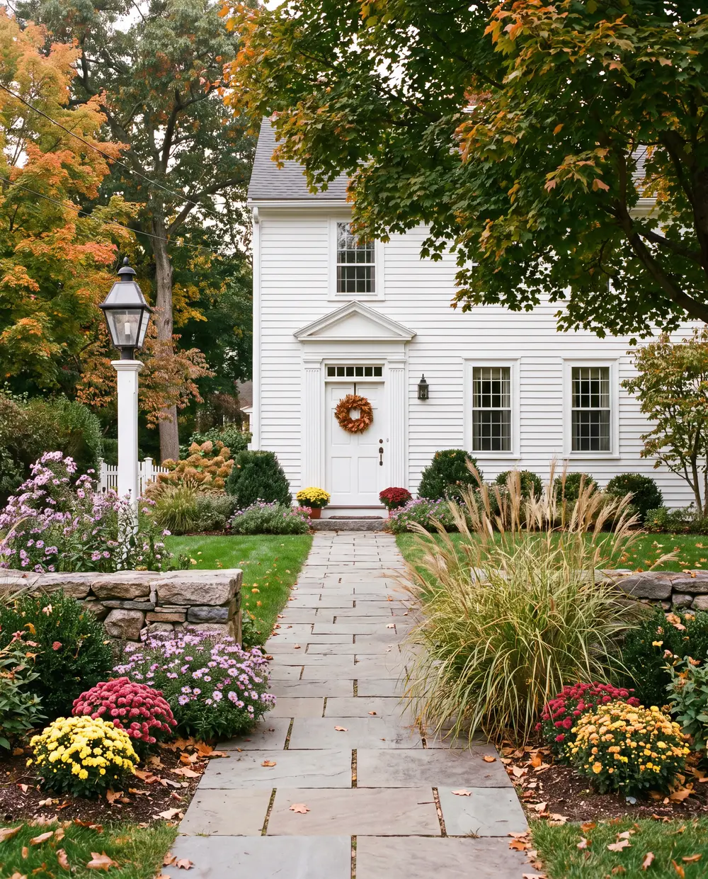 Stone-lined walkway through a tidy front garden to a New England colonial front door, early autumn