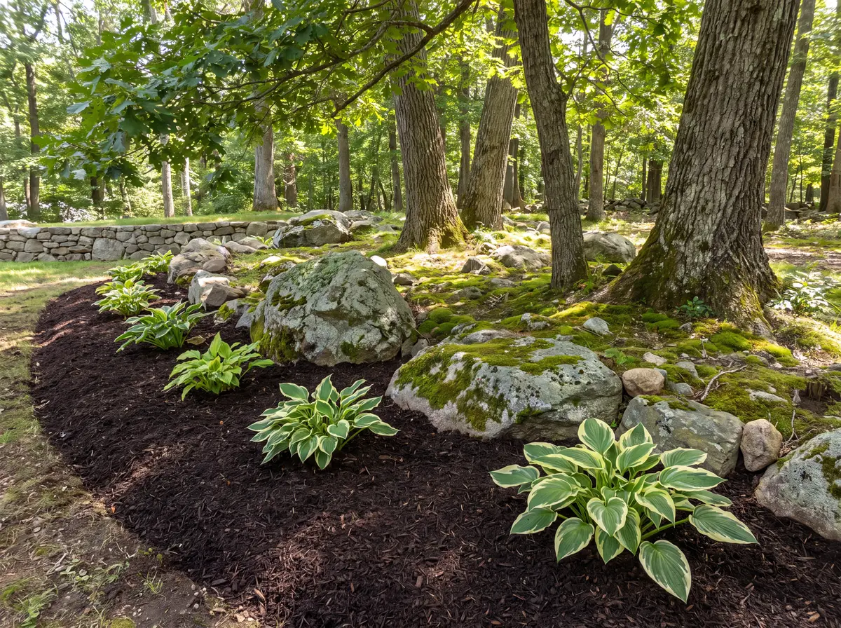 Close-up of a newly edged garden bed with dark brown mulch, hostas and granite boulders under oak trees in a rocky eastern Connecticut yard