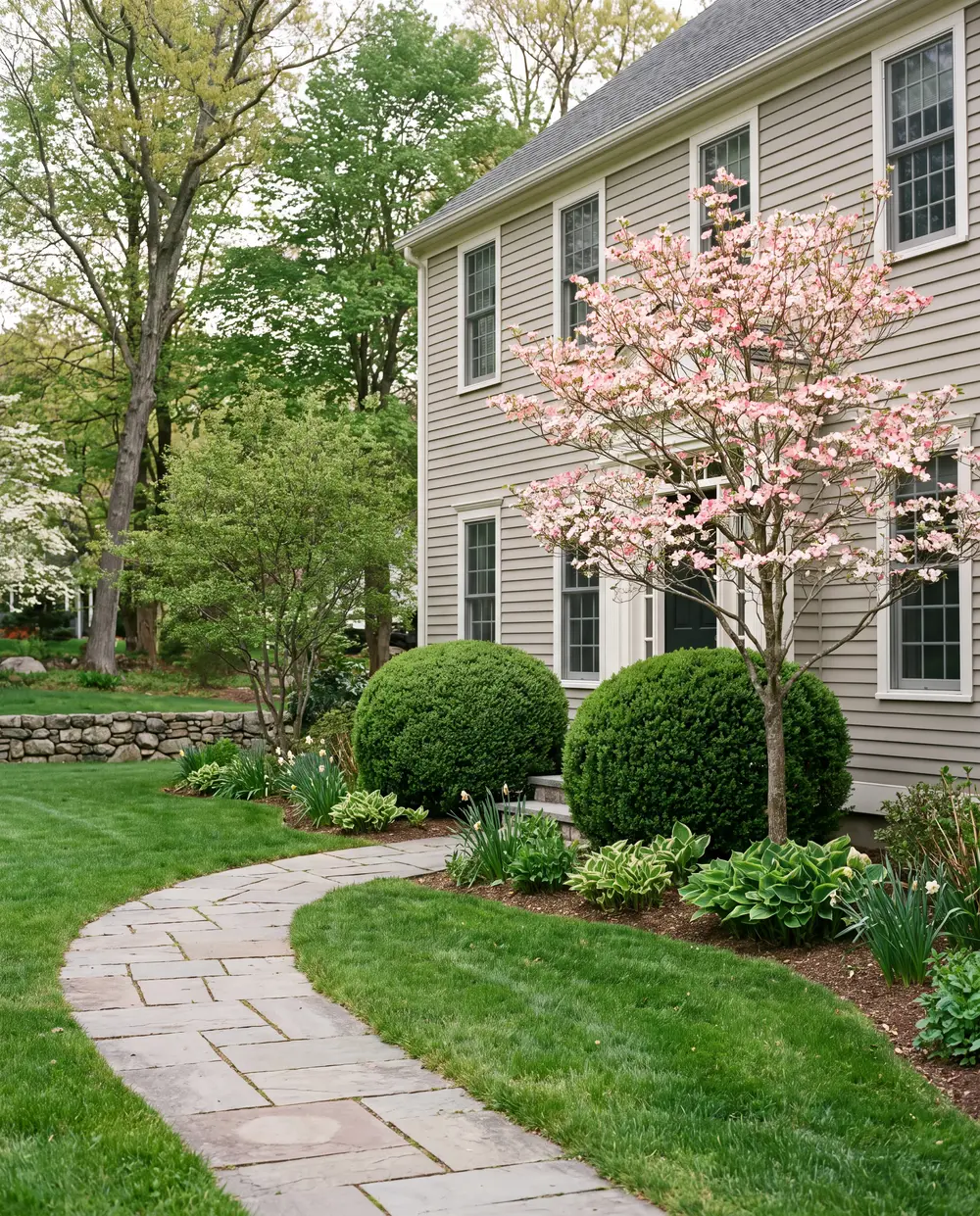 Front yard with rounded boxwoods and a small flowering ornamental tree by the entry