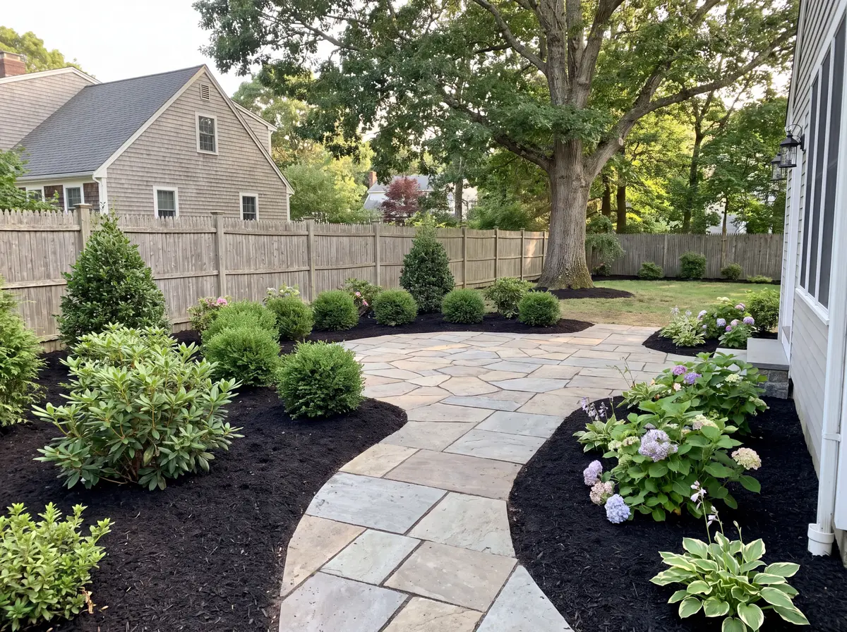 Paver patio edged with fresh mulch, evergreen shrubs and perennials in a suburban backyard
