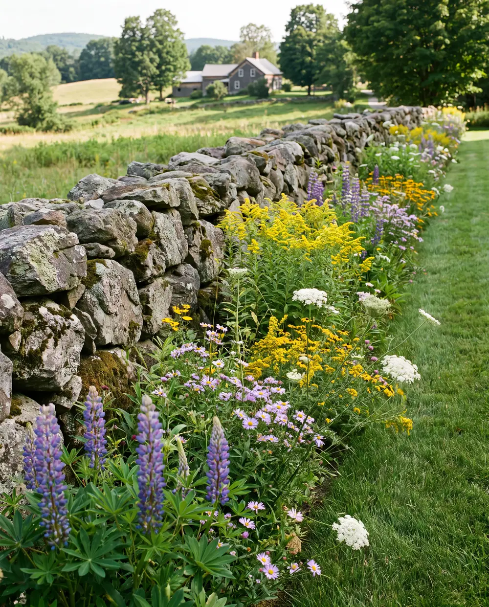 Old fieldstone wall with a neatly trimmed grass edge and wildflowers