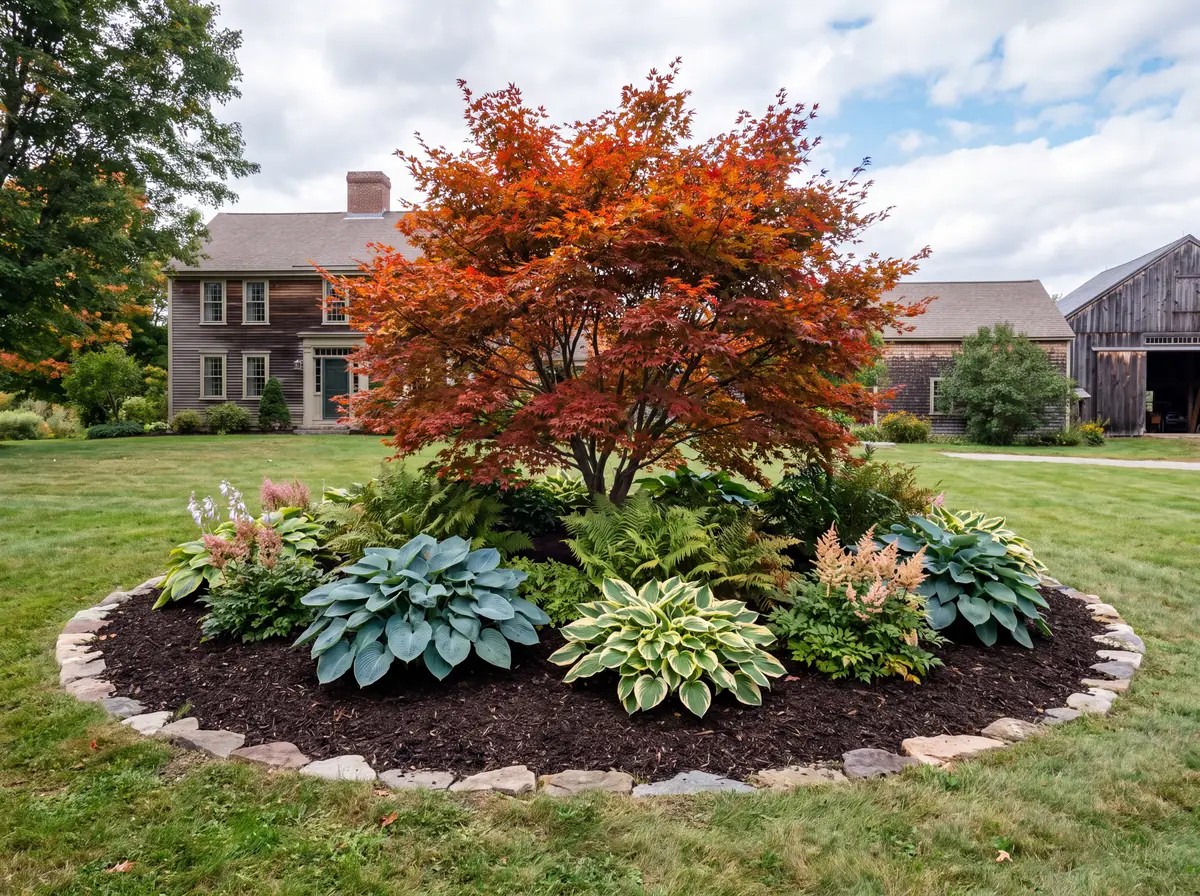 Freshly mulched island bed with a Japanese maple and hostas on a large rural lawn
