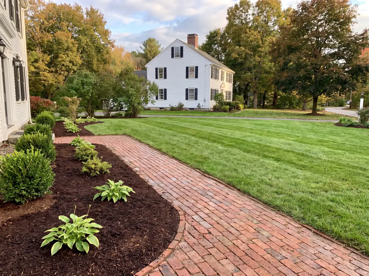 Crisp lawn edge along a brick walkway with freshly mulched beds in front of a colonial home