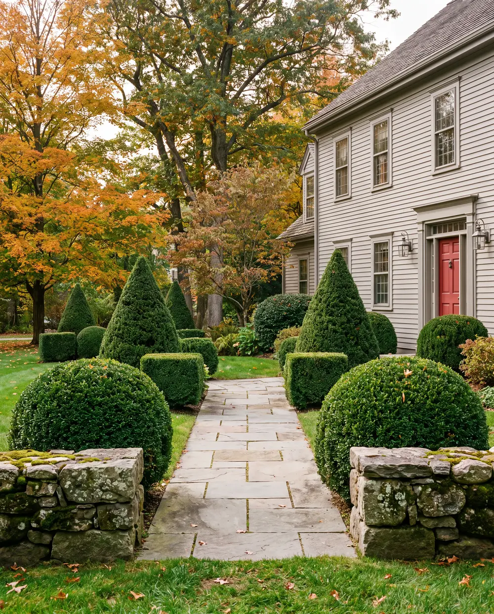 Hedges trimmed into clean shapes along a front walkway