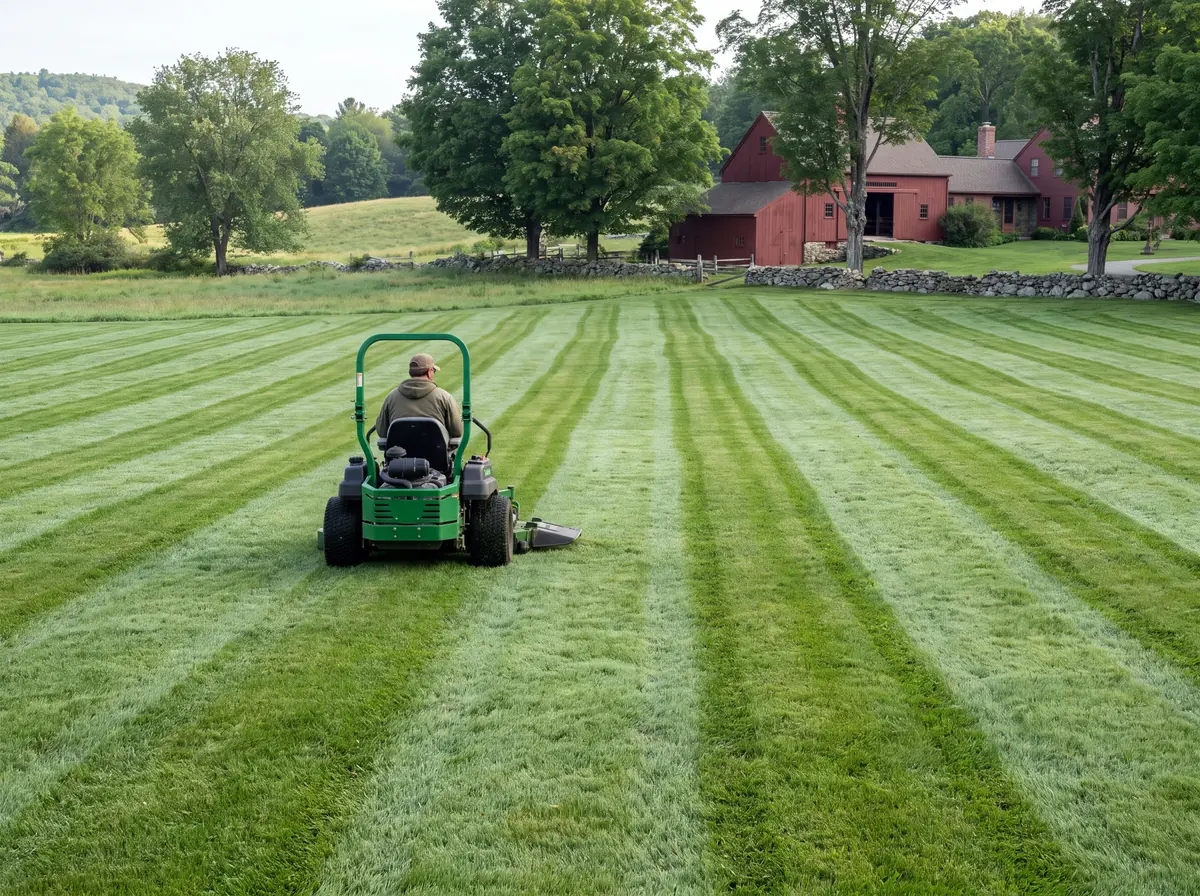 Commercial zero-turn mower striping a large lawn, seen from behind at a distance, no rider face visible
