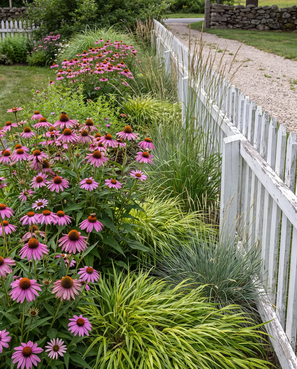 Perennial border with purple coneflowers and ornamental grasses along a white picket fence