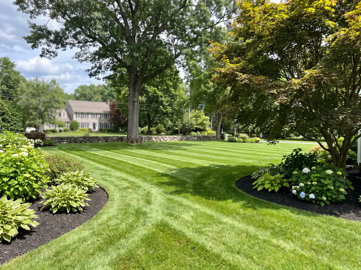 Freshly mowed lawn with clean stripes and sharply edged beds under tall shade trees
