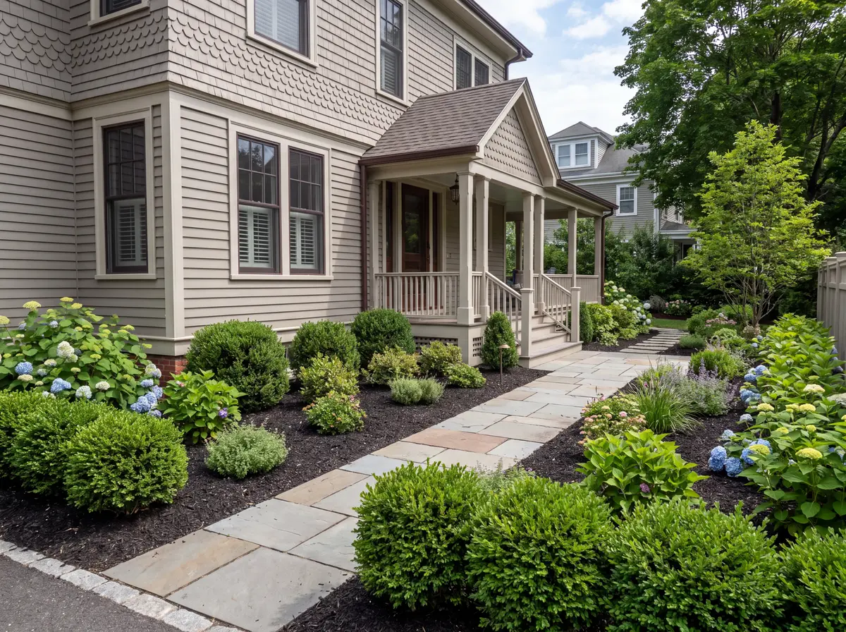 Tidy side-yard garden of a Victorian home with fresh mulch, pruned shrubs and a stone path