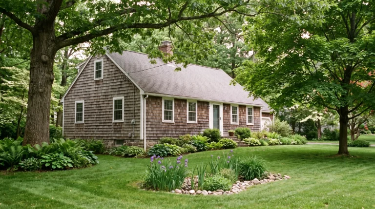 Shade garden and small rain garden at a cape house near Storrs in Mansfield, Connecticut