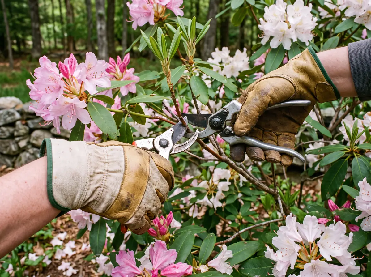 Gloved hands pruning a flowering shrub with bypass pruners