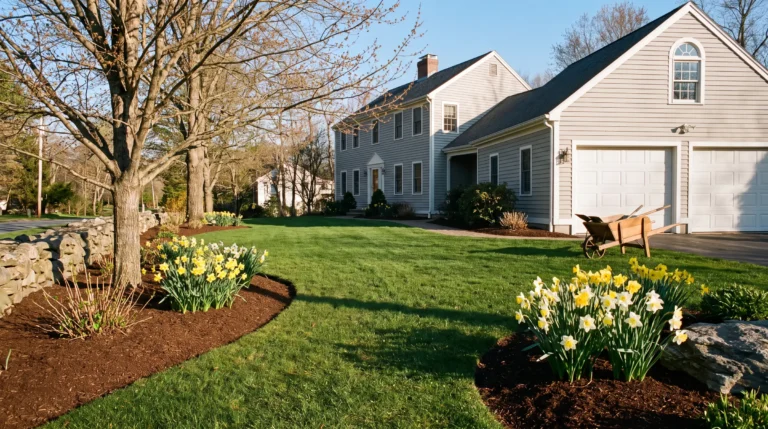 Freshly finished spring cleanup with edged, mulched beds and a raked lawn