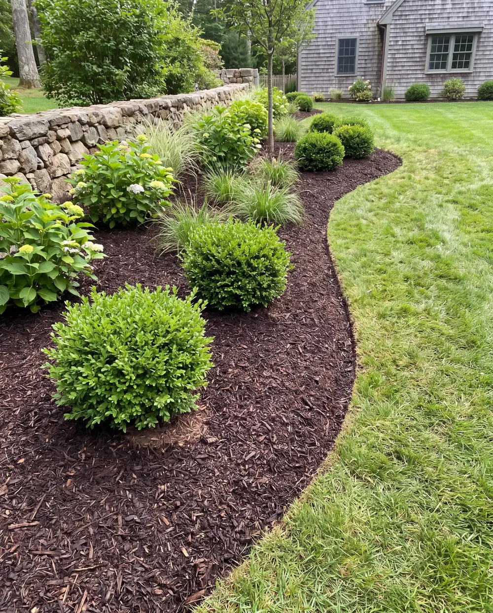 Freshly cleaned-up garden bed with a crisp edge, new dark mulch and trimmed shrubs