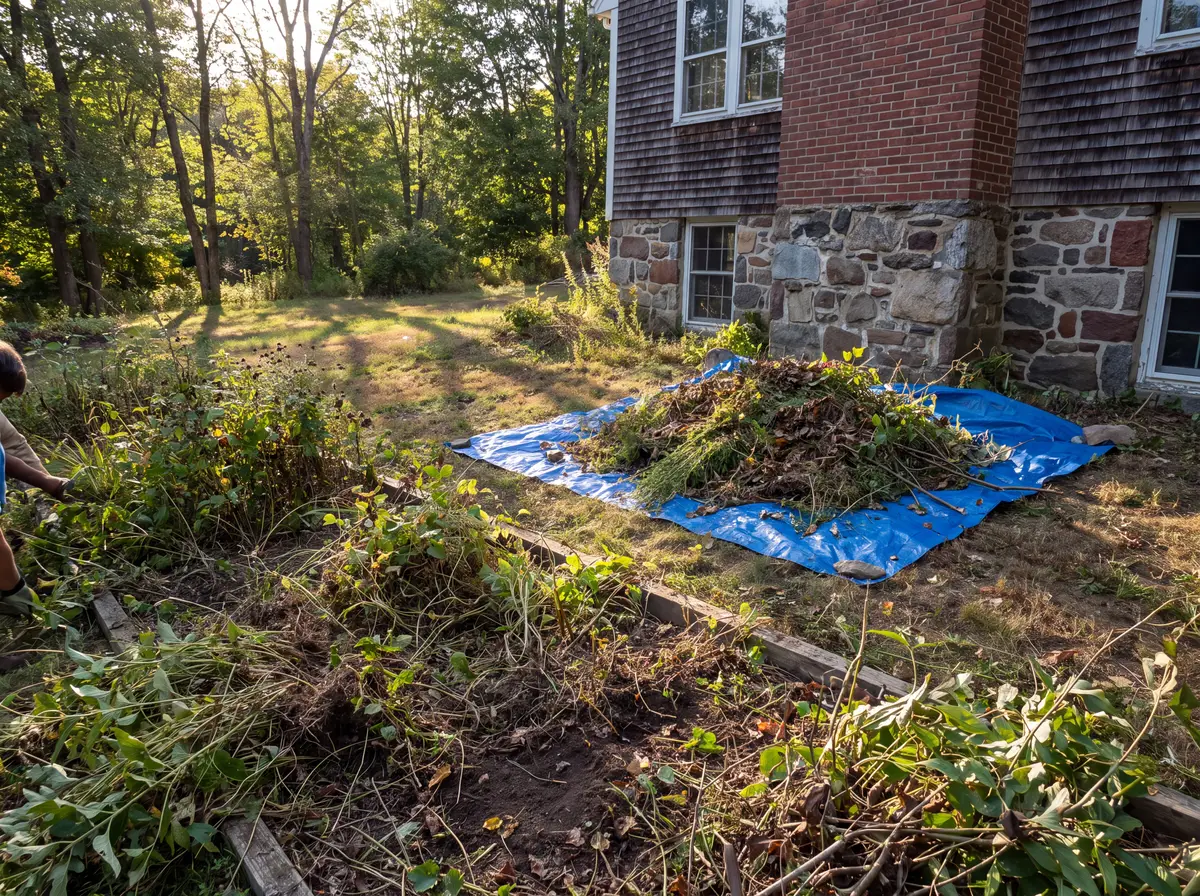 Overgrown beds being cleared, piles of pulled weeds, leaves and branches on a tarp next to a house foundation