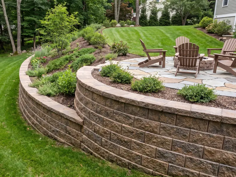 Finished segmental block retaining wall holding a sloped Connecticut backyard with a patio above