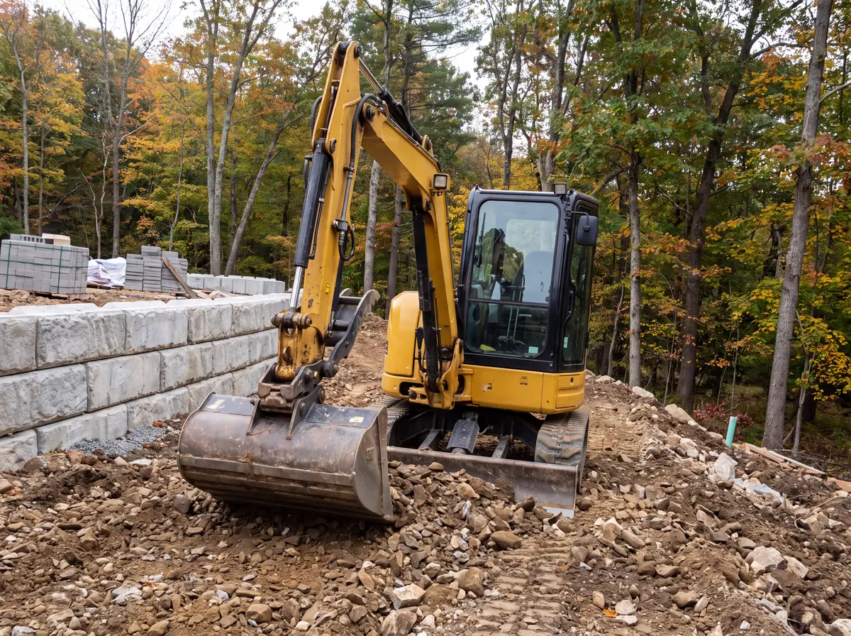 Compact excavator grading soil on a sloped residential lot beside a partly built block wall, no operator face visible