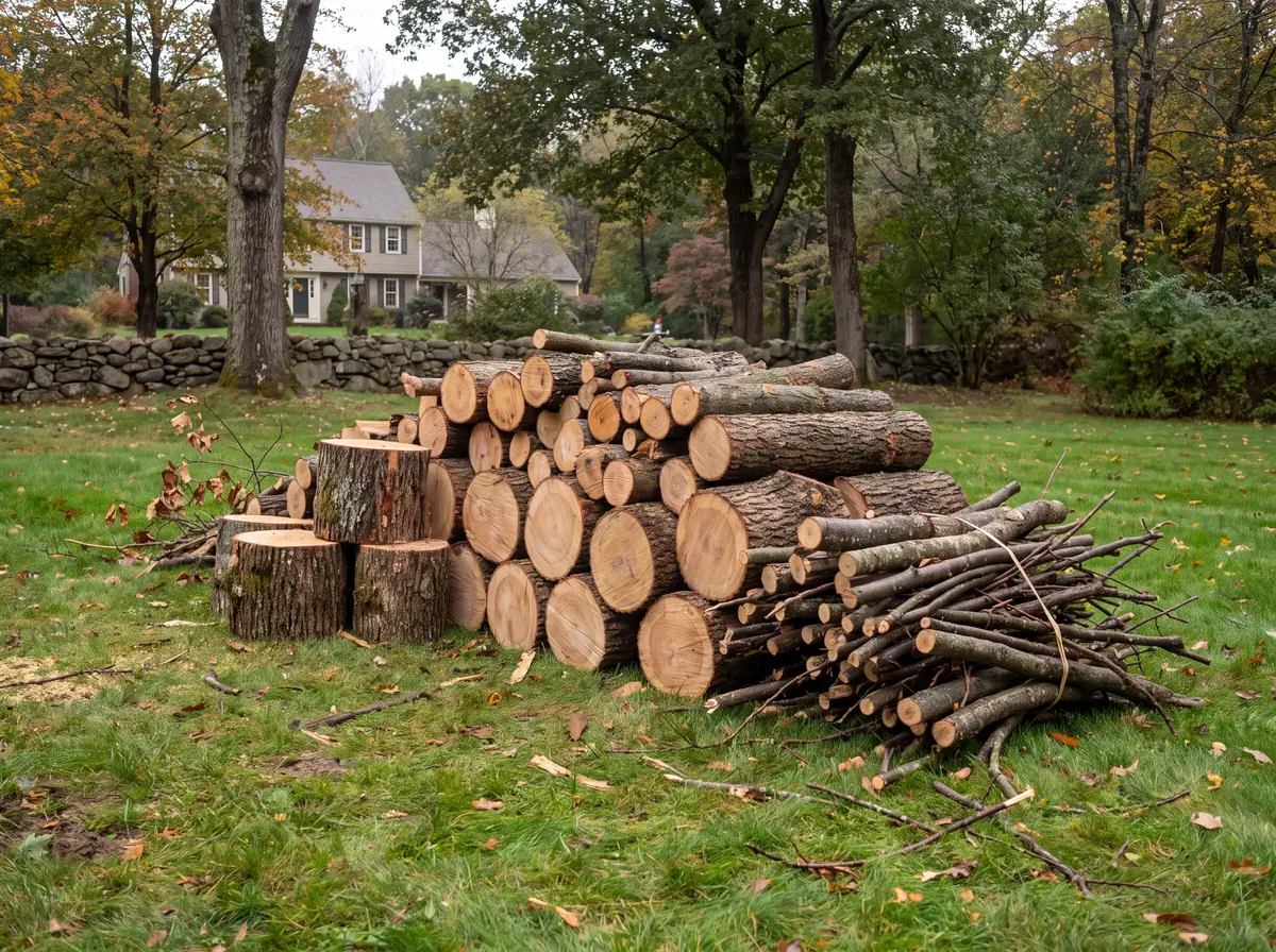 Cut tree trunk sections and brush neatly piled for removal on a lawn after a storm