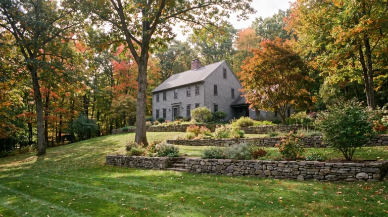 Terraced beds and a fieldstone wall on a wooded hillside lot in Tolland, Connecticut