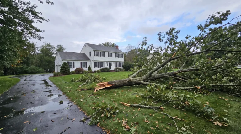 Broken oak limb and branches across a Connecticut front lawn after a storm