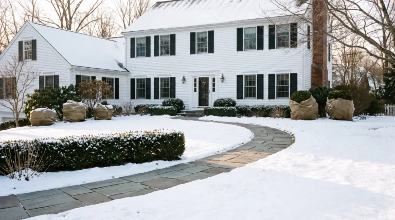 Shrubs wrapped in burlap and a shoveled walkway at a Connecticut home in winter