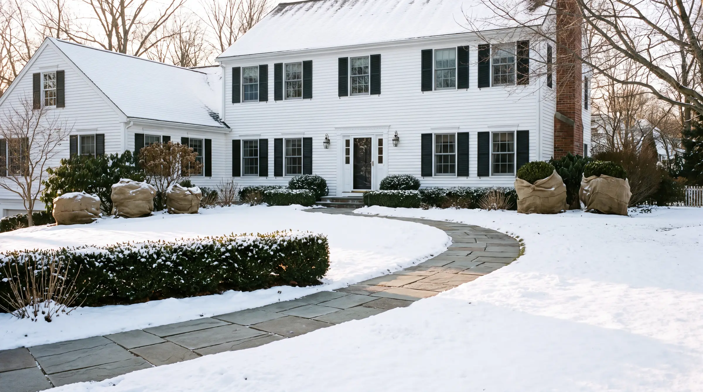 Shrubs wrapped in burlap and a shoveled walkway at a Connecticut home in winter